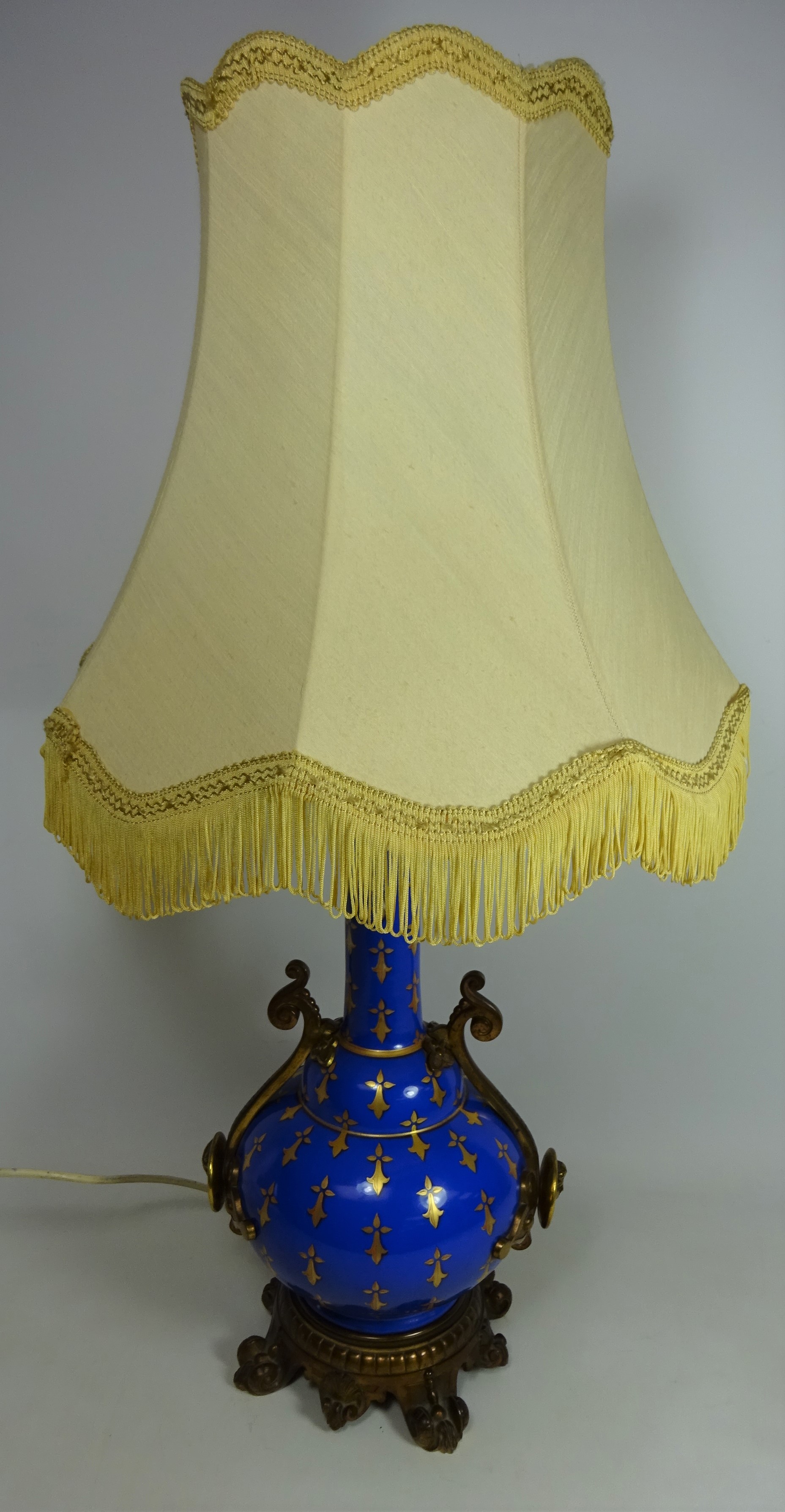 19th/ early 20th Century French porcelain Ormolu mounted table lamp with hand painted gilt motif, - Image 2 of 3