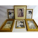 Japanese Female Portraits, four colour prints and Children with Flowers,