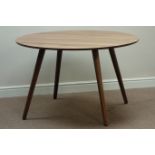 Circular walnut dining table raised on tapering legs, D120cm,