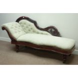 Victorian carved walnut framed chaise longue serpentine seat, upholstered in floral buttoned cover,