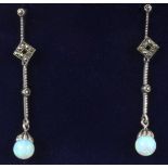Opal and marcasite long drop ear-rings stamped 925 Condition Report <a