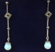 Opal and marcasite long drop ear-rings stamped 925 Condition Report <a