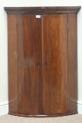 Georgian mahogany bow front corner cabinet, dentil cornice detail, W70cm,