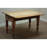 Victorian pine drop leaf dining table, on turned base, drawer to each end, 103cm x 120cm,