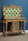 Edwardian satin walnut washstand with marble top and tiled back, W110cm, H131cm,