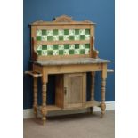 Edwardian satin walnut washstand with marble top and tiled back, W110cm, H131cm,