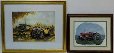 Tractor, oil on canvas board signed F A Robertson 20cm x 27cm and Prop Airplane and Car Scene,