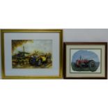 Tractor, oil on canvas board signed F A Robertson 20cm x 27cm and Prop Airplane and Car Scene,