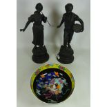 Pair of spelter figures and a mid 20th Century Japanese bowl Condition Report