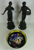 Pair of spelter figures and a mid 20th Century Japanese bowl Condition Report