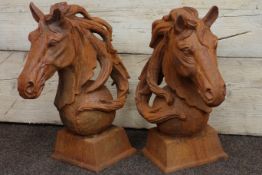 Pair cast iron horse head gatepost figures (looking left and right),