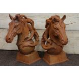 Pair cast iron horse head gatepost figures (looking left and right),