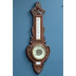 20th century carved oak cased aneroid barometer with mercury barometer,