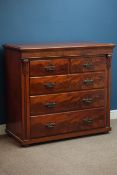 Late Victorian figured mahogany chest, two short and three long drawers, carved mounts, W118cm,