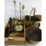 Pair of early 20th Century brass door plates, brass door handle, fire irons, brass coal helmet,