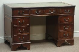 Reproduction mahogany twin pedestal desk, eight drawers, leather inset top, W122cm, H77cm,