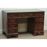 Reproduction mahogany twin pedestal desk, eight drawers, leather inset top, W122cm, H77cm,