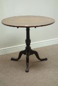 19th century circular oak tilt top table on turned elm pedestal, D82cm,