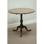 19th century circular oak tilt top table on turned elm pedestal, D82cm,