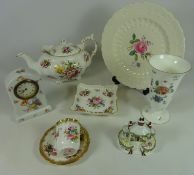 Hammersley tea pot, dish and tea cup and saucer, porcelain mantle clock, Coalport cottage,