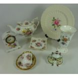 Hammersley tea pot, dish and tea cup and saucer, porcelain mantle clock, Coalport cottage,