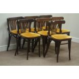 Set seven mid to late 20th century bentwood stained beech chairs, curved back supports,