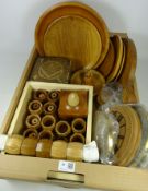 Collection of oak and ash napkin rings, box with Masonic symbols,