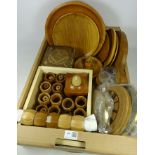 Collection of oak and ash napkin rings, box with Masonic symbols,