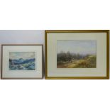 Figure Riding Down Country Path, 19th century watercolour signed R Yuill and River Mountain Scene,