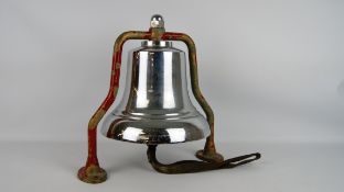 Early-mid 20th Century chromed brass fire engine bell, with leather handle and on shaped bracket,