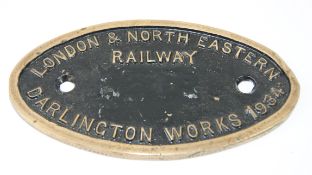 Cast brass Oval Darlington Works plate 1934, L&NE,