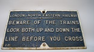 LNER cast iron sign; Beware of the Trains Look Up & Down The Line...