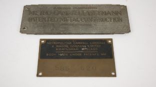 Metro-Cammell-Weyman brass bodybuilder plaque, W18cm & another with patent Nos.
