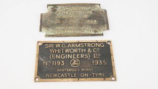 Two cast brass Works Plates Sir W G Armstrong Whitworth & Co, No.