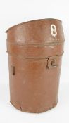 Brown painted metal cigarette bin, body with two side brackets, sloping lid painted 8,
