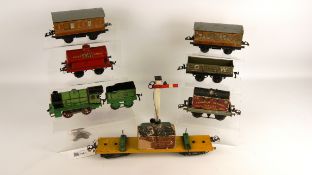 Hornby O Gauge tinplate clockwork loco 3435 with Tender, Lumber Wagon, Shell Tanker, Mineral Wagon,