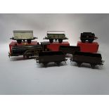 Hornby tinplate clockwork O Gauge LMS loco, & three wagons, with tender, wagon,
