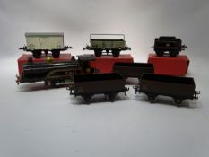 Hornby tinplate clockwork O Gauge LMS loco, & three wagons, with tender, wagon,