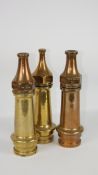 Three brass & copper fire hose nozzles, stamped GR 5/16 HETTON AFS, NYRCFB B1, WY104 260, L29.