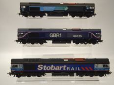 Bachmann Class 66 Diesel locos DRS 66407, First/Sunderland AFC 66725 & DRS/Stobart Rail 66411,