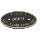 Cast brass Oval, Darlington Works plate 1937, BR-E 60811,
