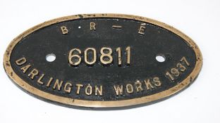 Cast brass Oval, Darlington Works plate 1937, BR-E 60811,