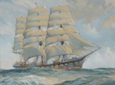 Harry Hudson Rodmell (British 1896-1984): Fully Rigged Sailing Vessel at Sea,