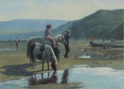 David Christopher Atack (British 1943-): Ponies on the Beach at Robin Hoods Bay,