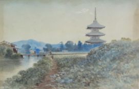 Eizo Kato (Japanese 1906-1972): River Scene with Pagoda,