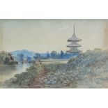 Eizo Kato (Japanese 1906-1972): River Scene with Pagoda,
