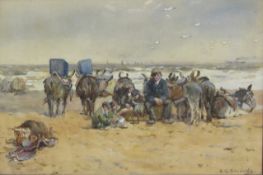 Albert George Stevens (Staithes Group 1863-1925): Donkys and Bathing Machines on the Beach at