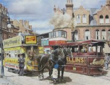 Gary Cartwright (British 1953-): Bygone Street Scene with Horse Drawn and Steam Trams,