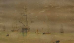 William Frederick Settle (British 1821-1897): Sailing Vessels at Anchor off the Coast & Sailing