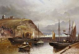 Walter Lindsey Meegan (British c1860-1944): Fishing Boats in Scarborough Harbour,